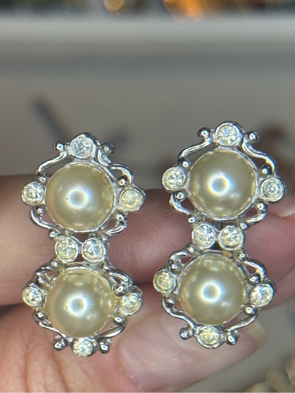 Vintage Albion Faux Pearl Rhinestone Clip-On Earrings